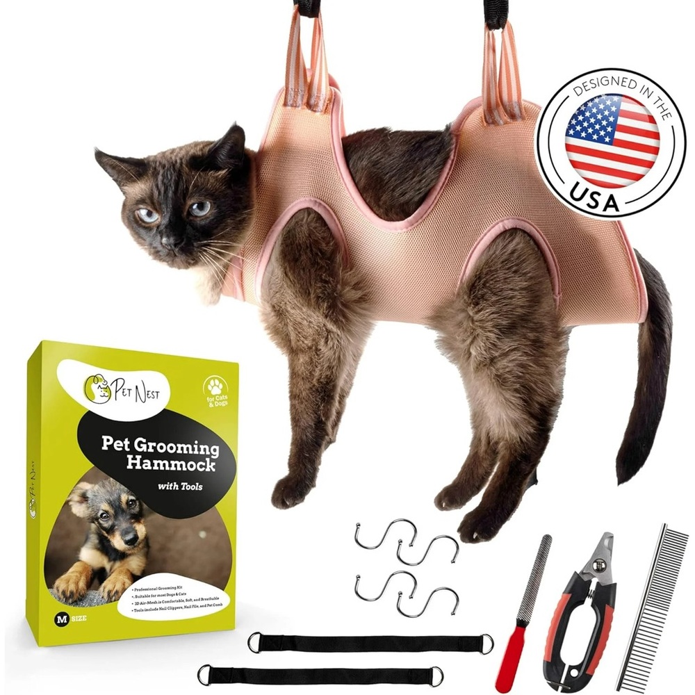 Size M Pink Pet Grooming Hammock with Tools